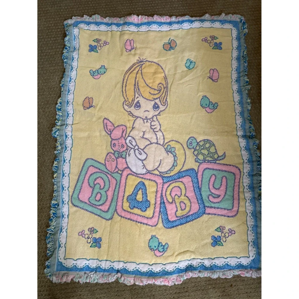 Vintage Precious Moments Baby Blanket Woven Tapestry Reversible Yellow Teal